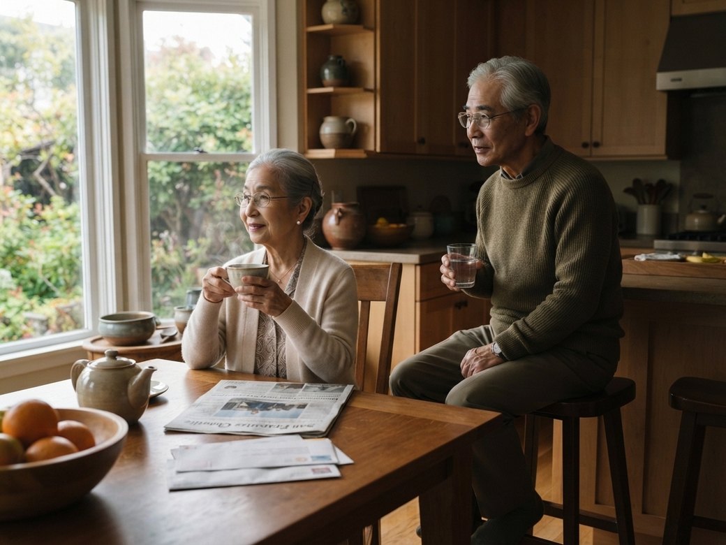 A couple in their late seventies at home together.