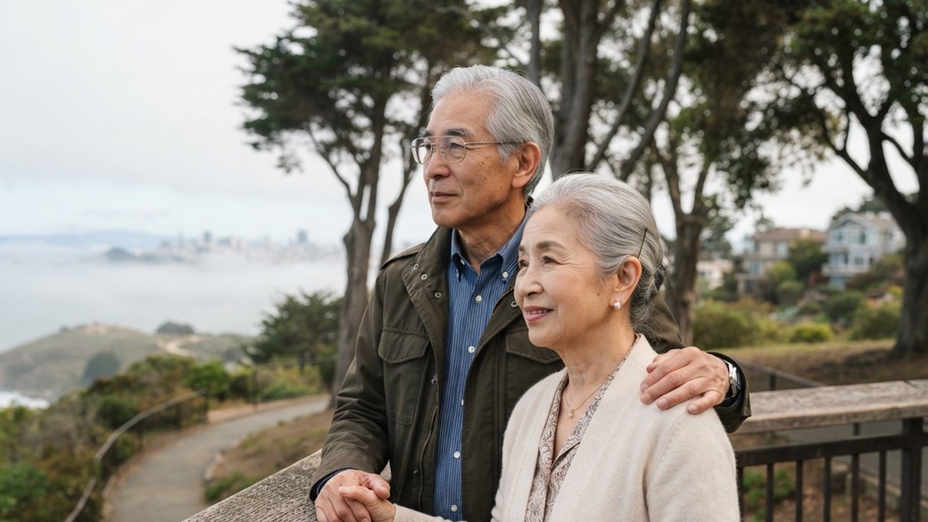 The same couple outdoors, looking out over the bay.